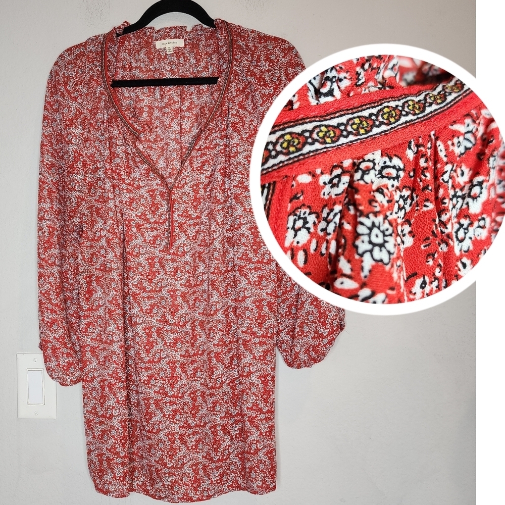 Max Studio Red Floral 3/4 Sleeve V-neck Flowy Top Size 1X